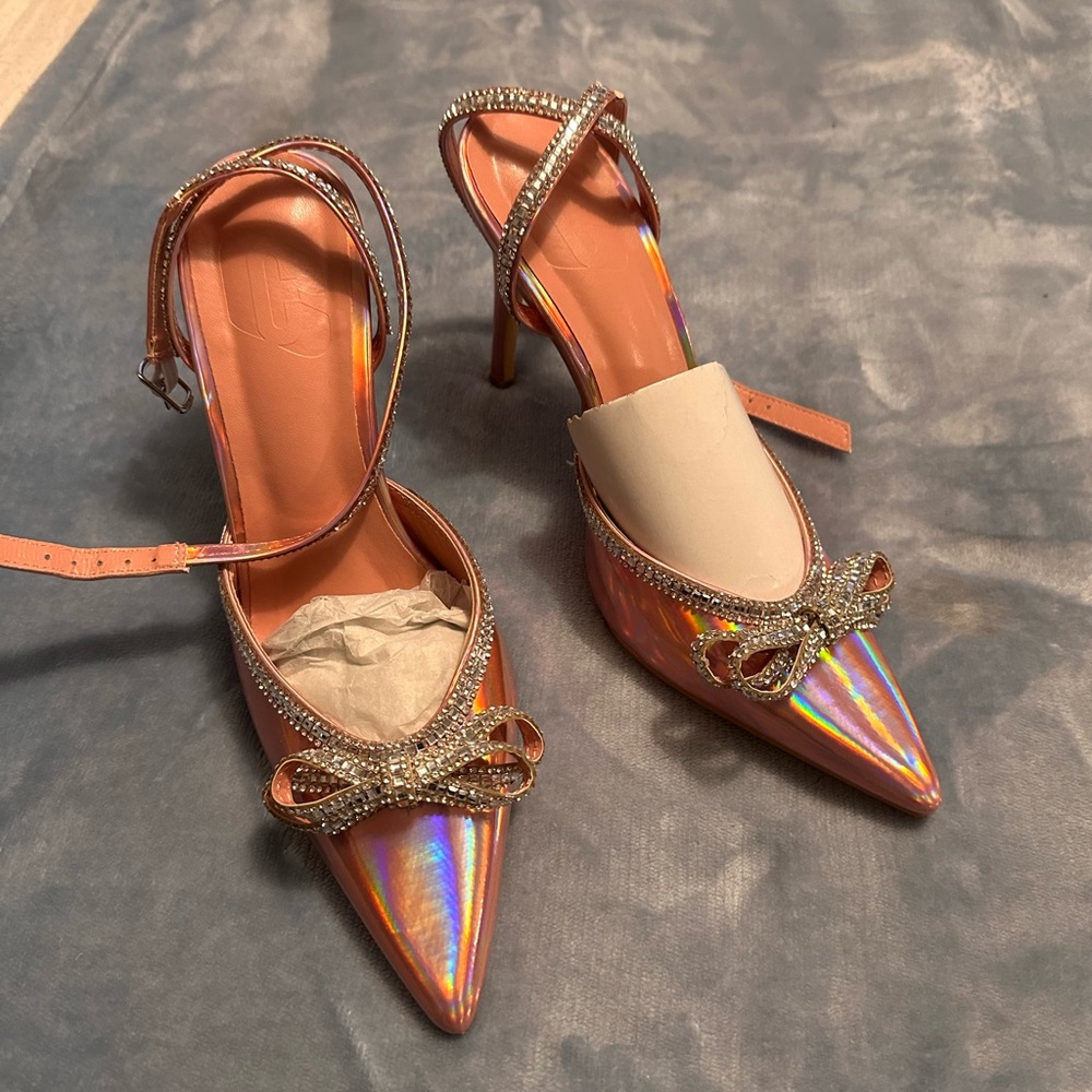 Iridescent Pink Stiletto Heels with Rhinestone Bow